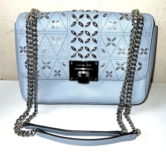 Michael Kors tina studded silver chain baby blue medium shoulder bag - Picture 1 of 5